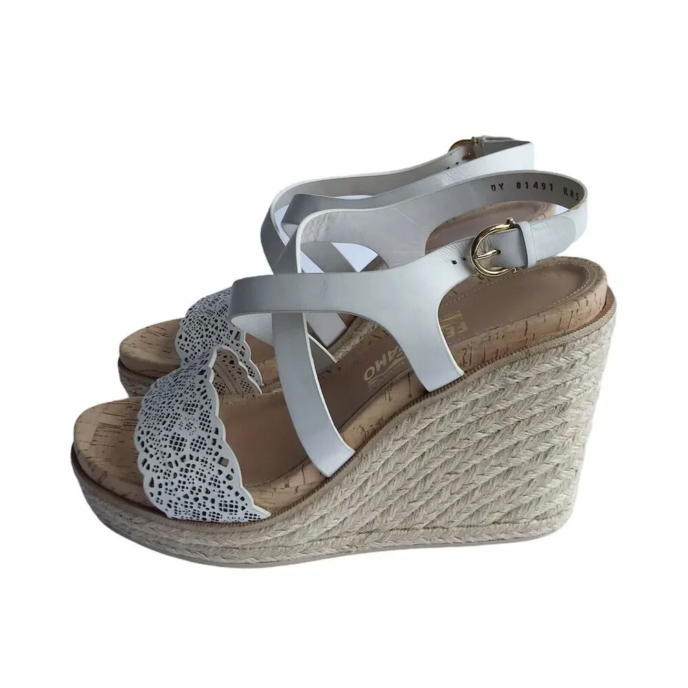 Ferragamo Gioela Wedges Espadrilles Size 40 Lait Rope Wrapped High Heel Sandals